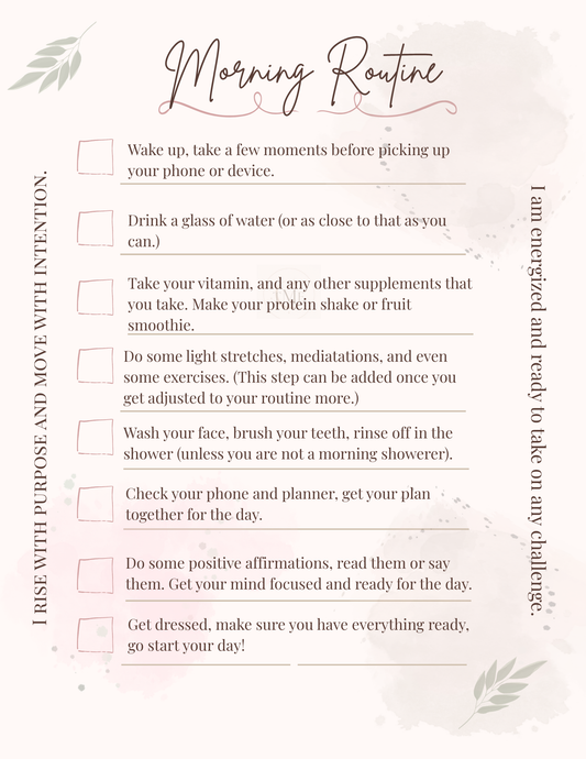 Morning routine checklist with motivational text on a light pink background