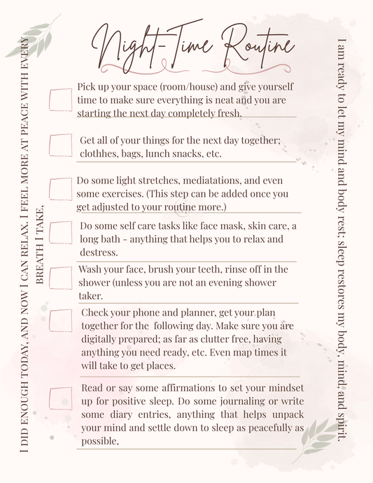 Night-time routine checklist with checkboxes and text on a white background